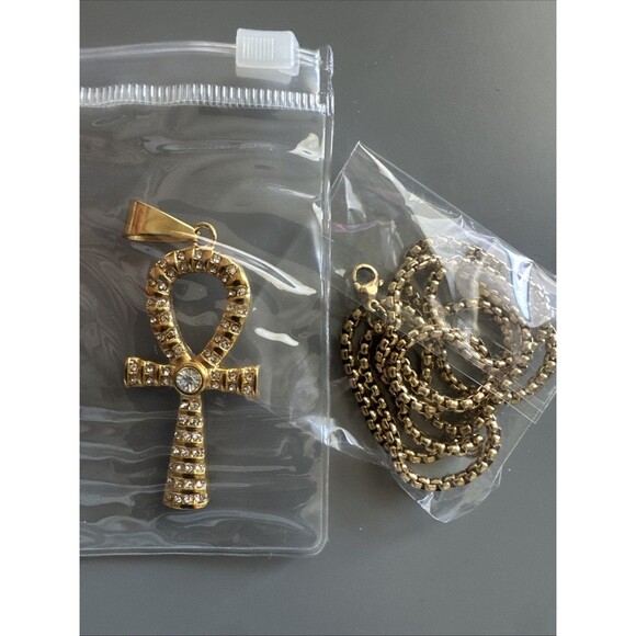 Gold Plated Cubic Zirconia Stainless Steel Egyptian Ankh Cross Pendant Necklace - Picture 6 of 6